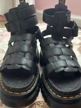 Dr. Martens Black Woven Leather Platform Sandals with Yellow Stitching